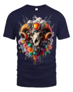 Psychedelic Ram Skull Tech Art T-Shirt - navy t-shirt on white background