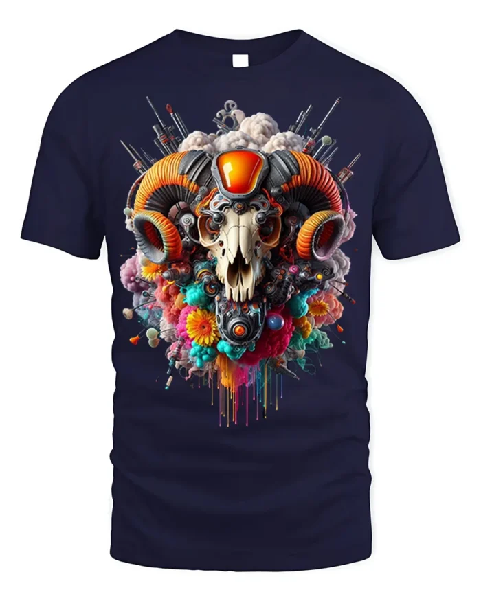 Psychedelic Ram Skull Tech Art T-Shirt - navy t-shirt on white background