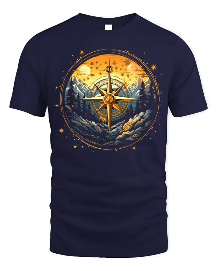 Compass Mountain Forest Adventure Graphic T-Shirt Unisex - navy t-shirt on white background