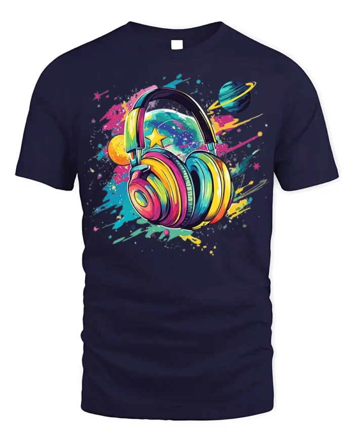 Colorful Headphones Galaxy Music T-Shirt for Music Lovers - navy t-shirt on white background