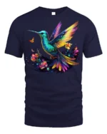 Colorful Hummingbird Floral Graphic T-Shirt for Nature Fans - navy t-shirt on white background