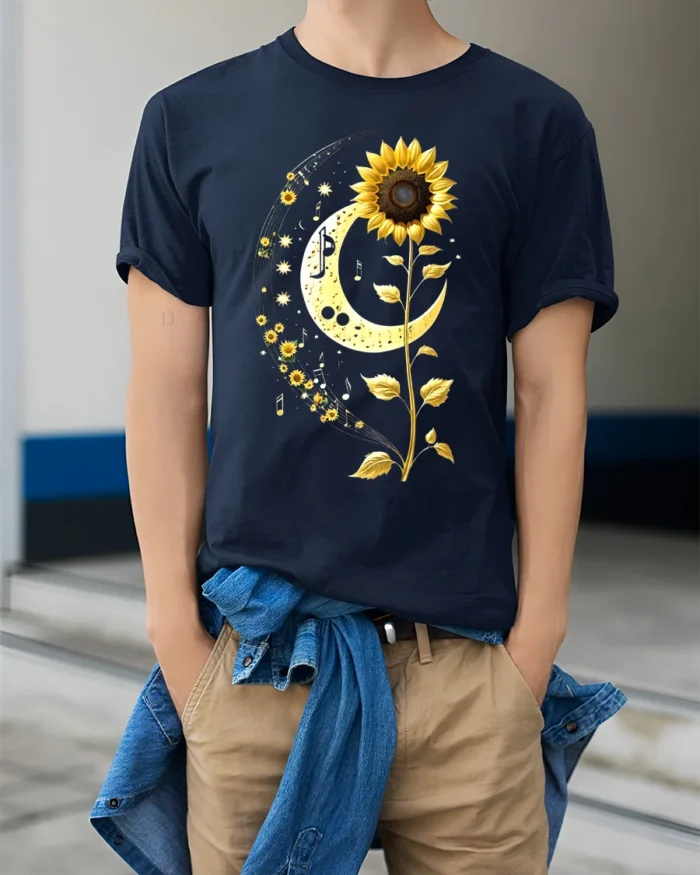 Sunflower Moon Musical Notes Graphic T-Shirt - model wearing navy shirt, hands in pockets