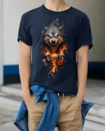 Flaming Wolf and Skull Graphic T-Shirt for Dark Style Fans - model wearing navy shirt, hands in pockets