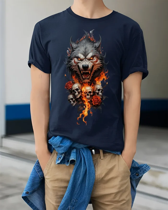 Flaming Wolf and Skull Graphic T-Shirt for Dark Style Fans - model wearing navy shirt, hands in pockets