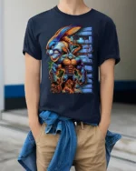Muscle Bunny Ultra Beast T-Shirt for Gym and Comic Fans - model wearing navy shirt, hands in pockets