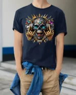 DJ Skull T-Shirt with Headphones and Gold Skeleton Hands - model wearing navy shirt, hands in pockets