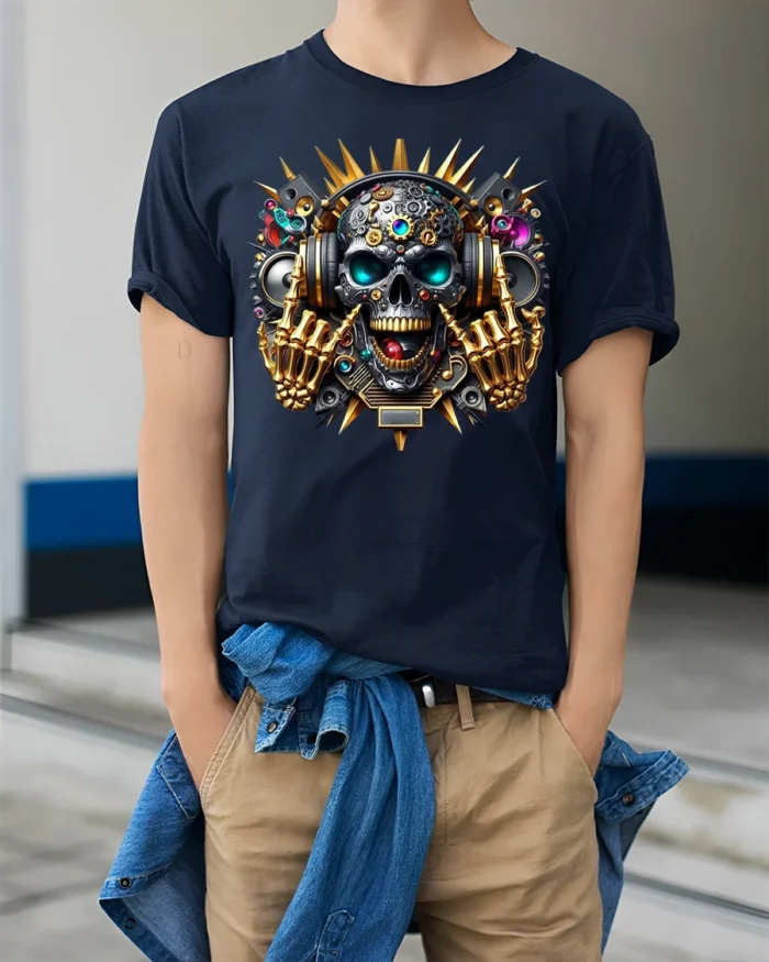 DJ Skull T-Shirt with Headphones and Gold Skeleton Hands - model wearing navy shirt, hands in pockets