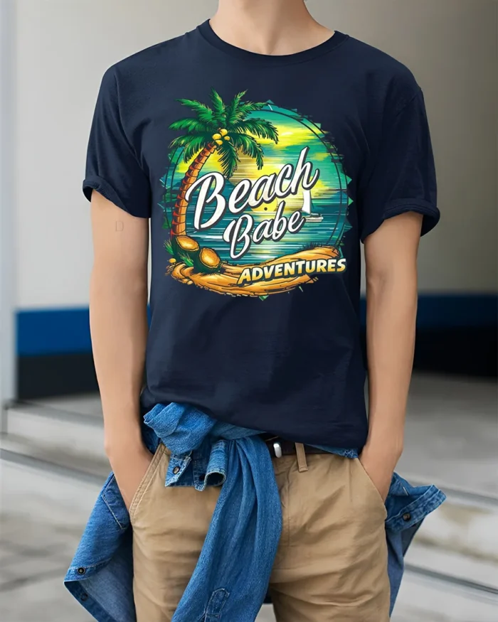 Beach Babe Adventures T-Shirt for Tropical Summer Vibes - model wearing navy shirt, hands in pockets