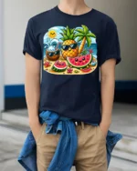 Cute Summer Fruit Beach T-Shirt - model wearing navy shirt, hands in pockets