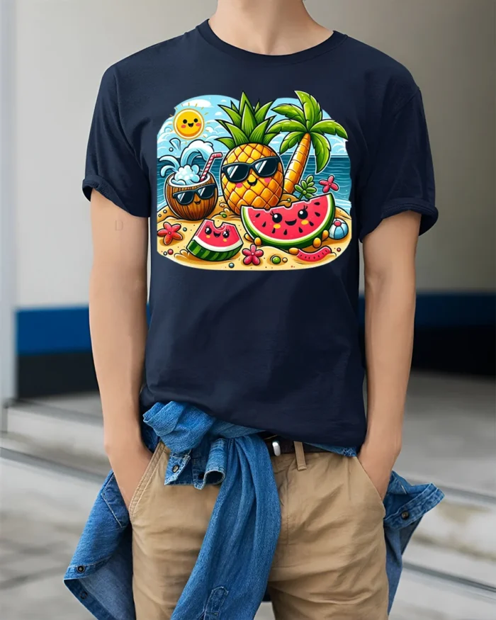 Cute Summer Fruit Beach T-Shirt - model wearing navy shirt, hands in pockets