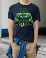Level Up Your Luck Gaming T-Shirt with Shamrock Controller - model wearing navy shirt, hands in pockets