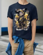 Street Style Electric Mouse Graphic T-Shirt for Fans - model wearing navy shirt, hands in pockets