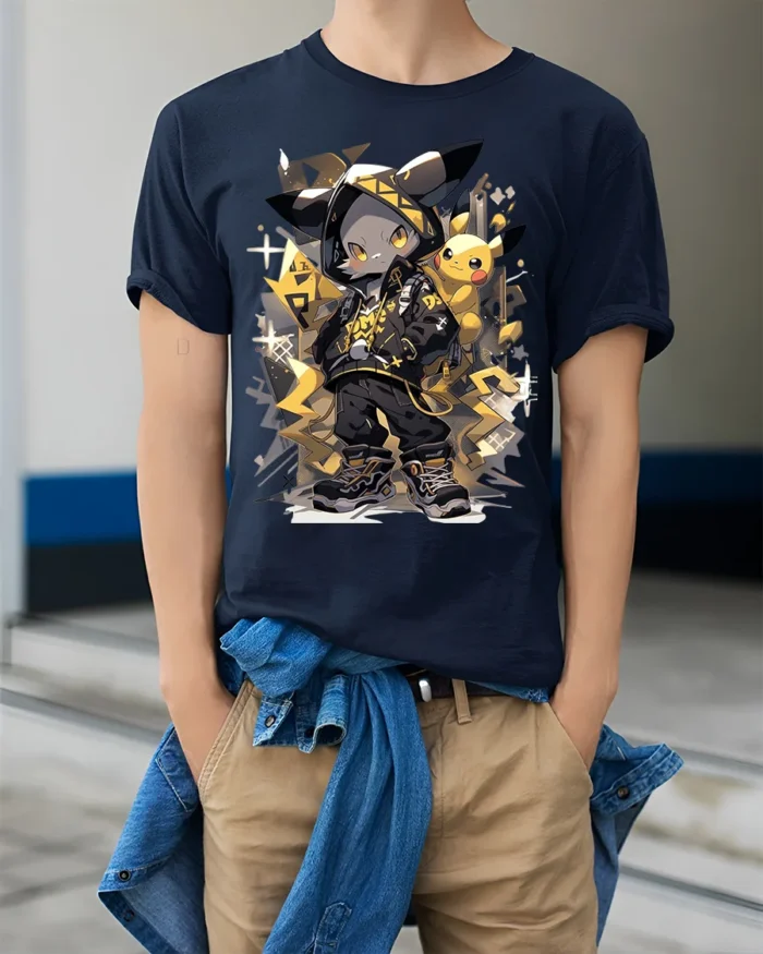 Street Style Electric Mouse Graphic T-Shirt for Fans - model wearing navy shirt, hands in pockets