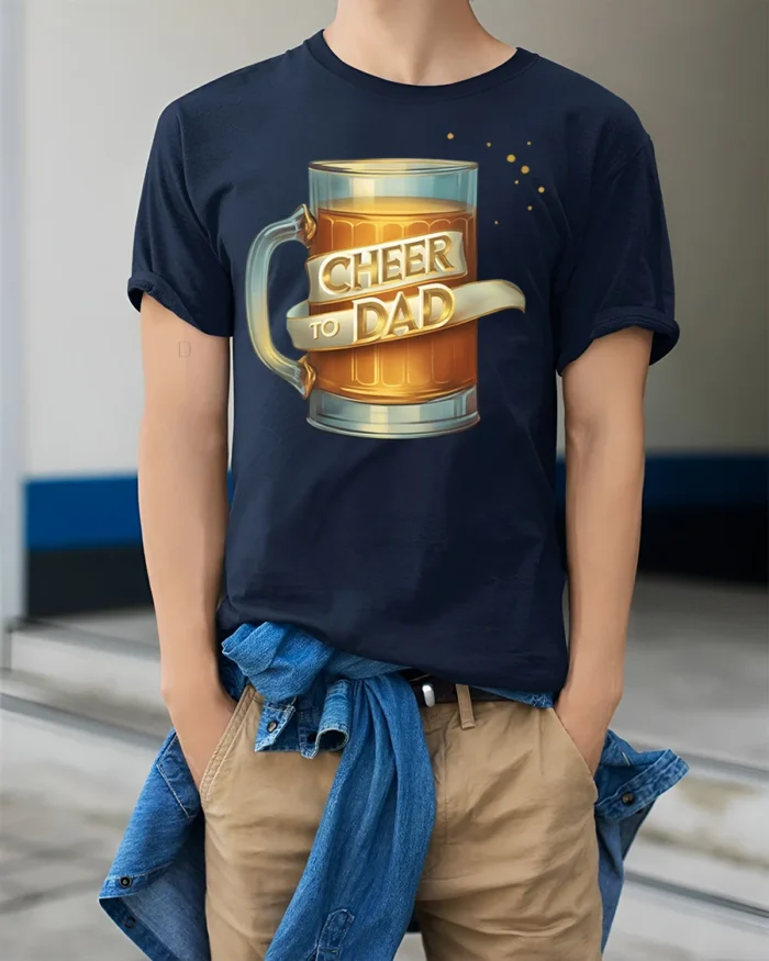 Cheer to Dad Beer Mug Graphic T-Shirt for Father’s Day Gift - model wearing navy shirt, hands in pockets