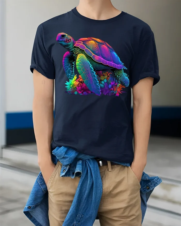Colorful Sea Turtle Ocean Reef Graphic T-Shirt Unisex - model wearing navy shirt, hands in pockets