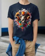 Psychedelic Ram Skull Tech Art T-Shirt - model wearing navy shirt, hands in pockets