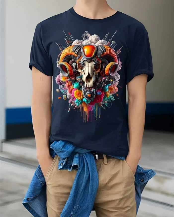 Psychedelic Ram Skull Tech Art T-Shirt - model wearing navy shirt, hands in pockets