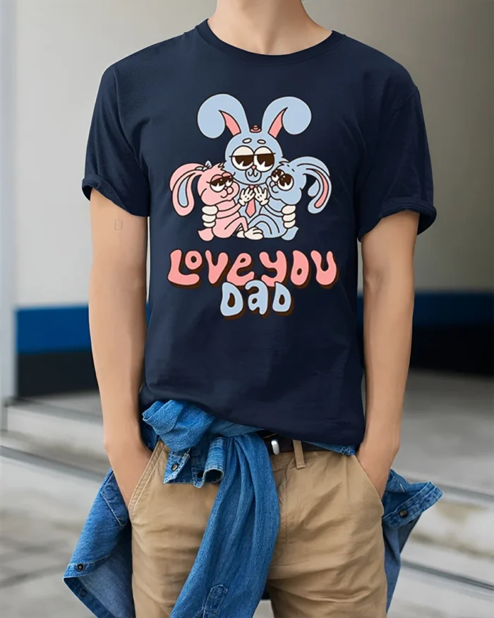 Cute Bunny Family Love You Dad T-Shirt for Father’s Day - model wearing navy shirt, hands in pockets