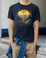 Compass Mountain Forest Adventure Graphic T-Shirt Unisex - model wearing navy shirt, hands in pockets