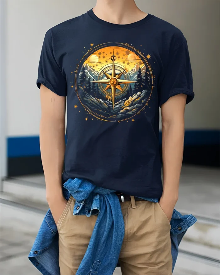 Compass Mountain Forest Adventure Graphic T-Shirt Unisex - model wearing navy shirt, hands in pockets