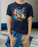 Colorful Headphones Galaxy Music T-Shirt for Music Lovers - model wearing navy shirt, hands in pockets