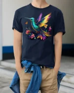 Colorful Hummingbird Floral Graphic T-Shirt for Nature Fans - model wearing navy shirt, hands in pockets