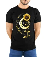 Sunflower Moon Musical Notes Graphic T-Shirt - model wearing black shirt, hands behind back