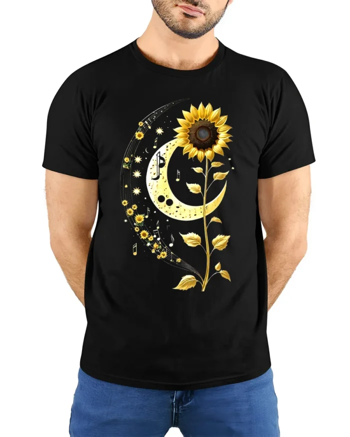 Sunflower Moon Musical Notes Graphic T-Shirt - model wearing black shirt, hands behind back