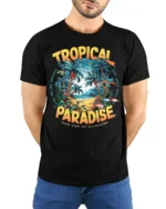 Tropical Paradise Graphic T-Shirt for Beach Vibes Lovers - model wearing black shirt, hands behind back