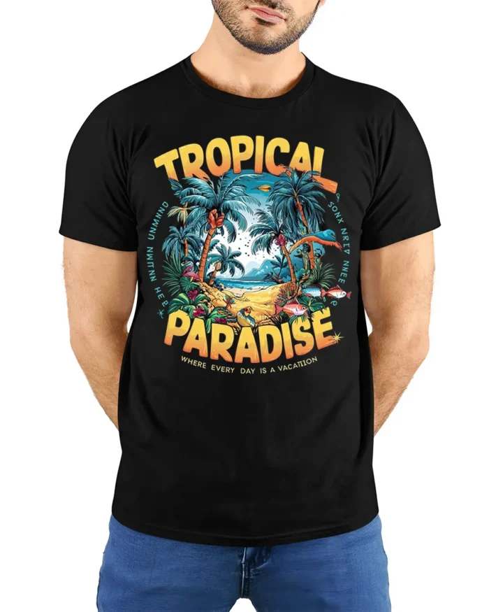 Tropical Paradise Graphic T-Shirt for Beach Vibes Lovers - model wearing black shirt, hands behind back