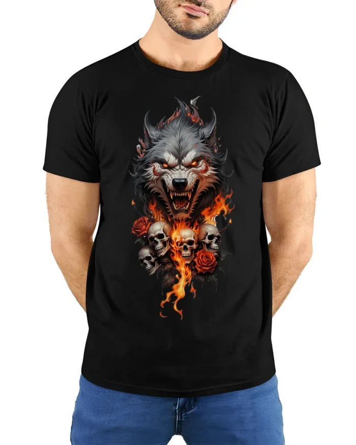 Flaming Wolf and Skull Graphic T-Shirt for Dark Style Fans - model wearing black shirt, hands behind back
