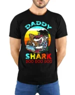 Daddy Shark Doo Doo Funny T-Shirt for Cool Beach Dads - model wearing black shirt, hands behind back