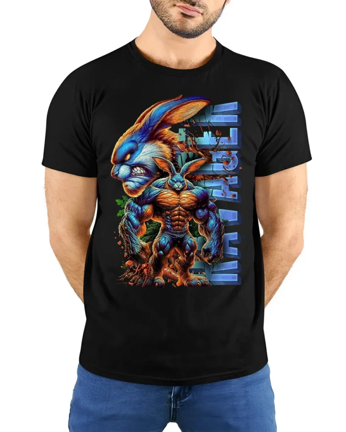 Muscle Bunny Ultra Beast T-Shirt for Gym and Comic Fans - model wearing black shirt, hands behind back