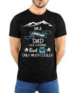 Camping Dad T-Shirt Funny Gift for Cool Outdoor Fathers - model wearing black shirt, hands behind back