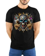 DJ Skull T-Shirt with Headphones and Gold Skeleton Hands - model wearing black shirt, hands behind back