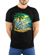 Beach Babe Adventures T-Shirt for Tropical Summer Vibes - model wearing black shirt, hands behind back
