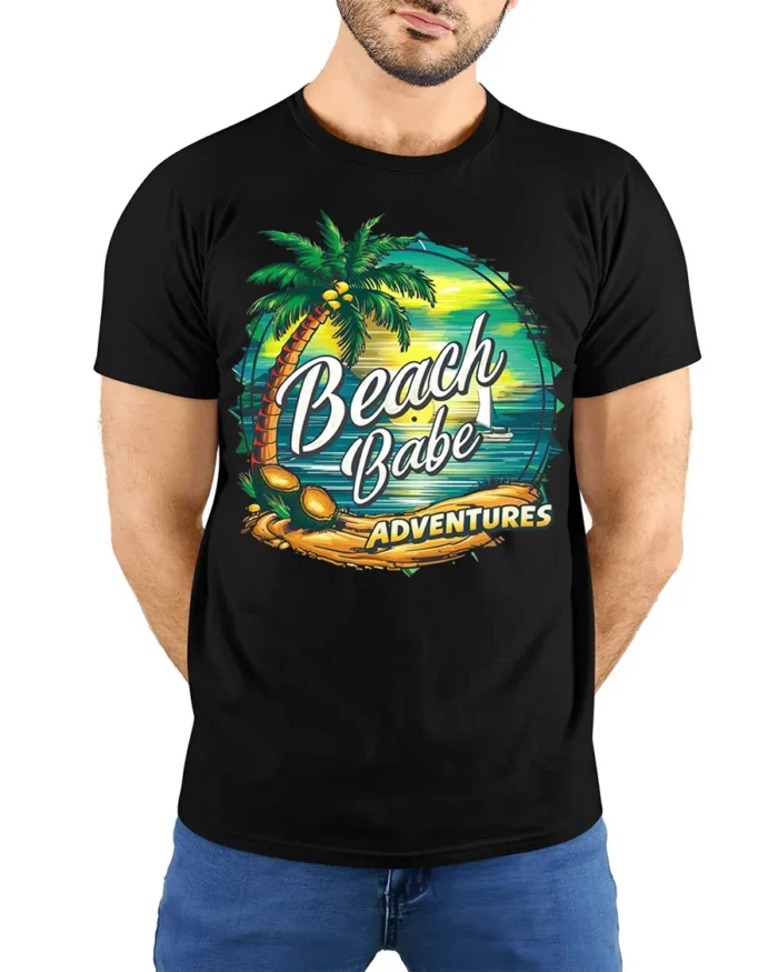 Beach Babe Adventures T-Shirt for Tropical Summer Vibes - model wearing black shirt, hands behind back