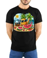 Cute Summer Fruit Beach T-Shirt - model wearing black shirt, hands behind back