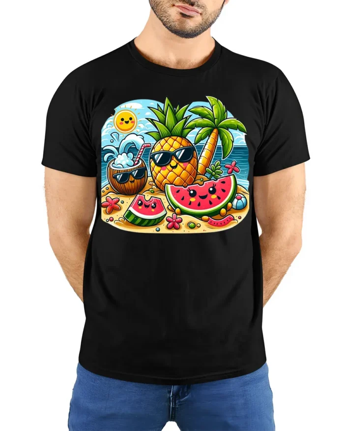 Cute Summer Fruit Beach T-Shirt - model wearing black shirt, hands behind back