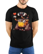 Cute Robot Love T-Shirt with Heart and Cartoon Style Design - model wearing black shirt, hands behind back