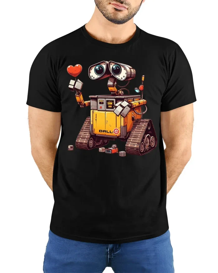 Cute Robot Love T-Shirt with Heart and Cartoon Style Design - model wearing black shirt, hands behind back