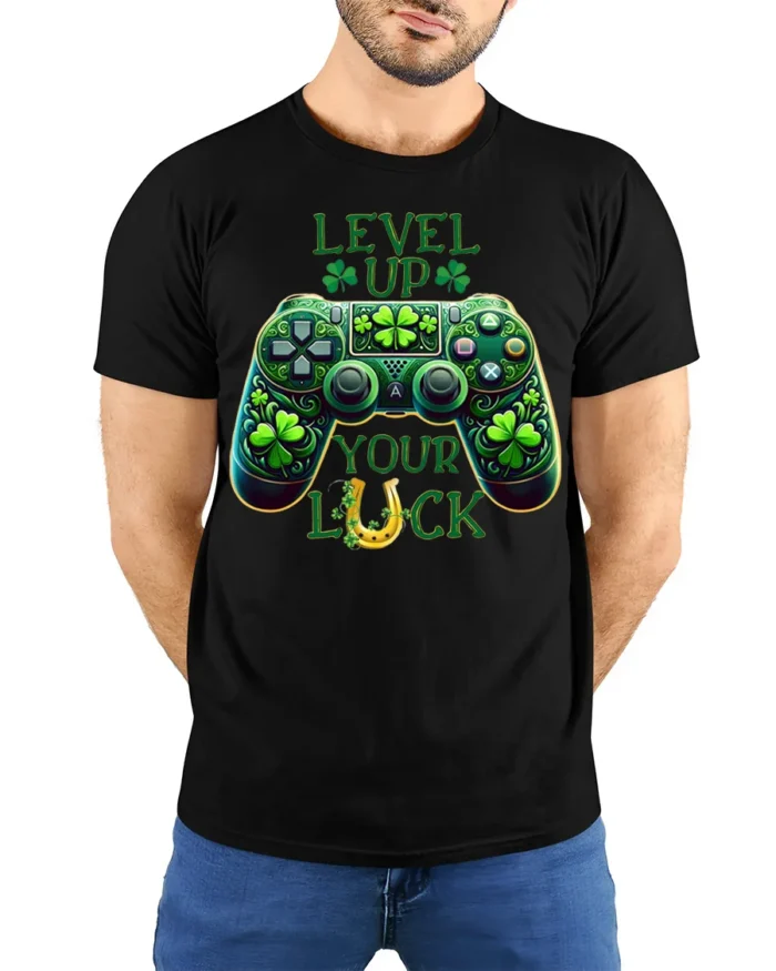 Level Up Your Luck Gaming T-Shirt with Shamrock Controller - model wearing black shirt, hands behind back