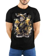 Street Style Electric Mouse Graphic T-Shirt for Fans - model wearing black shirt, hands behind back