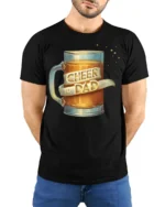 Cheer to Dad Beer Mug Graphic T-Shirt for Father’s Day Gift - model wearing black shirt, hands behind back