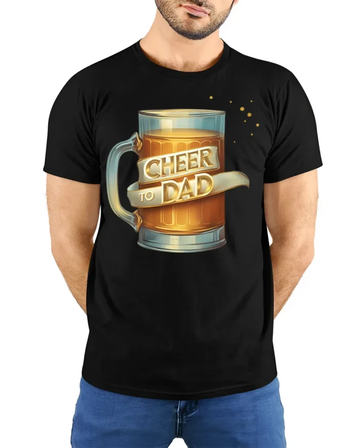 Cheer to Dad Beer Mug Graphic T-Shirt for Father’s Day Gift - model wearing black shirt, hands behind back