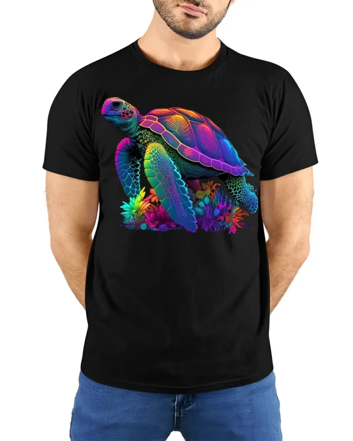 Colorful Sea Turtle Ocean Reef Graphic T-Shirt Unisex - model wearing black shirt, hands behind back