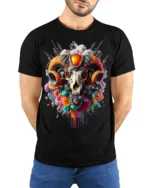 Psychedelic Ram Skull Tech Art T-Shirt - model wearing black shirt, hands behind back
