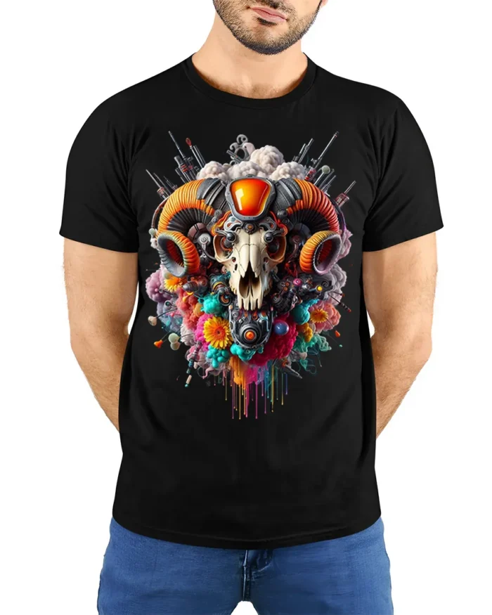 Psychedelic Ram Skull Tech Art T-Shirt - model wearing black shirt, hands behind back