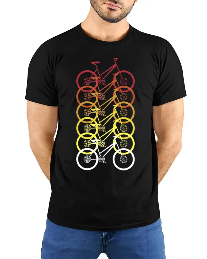 Retro Gradient Bicycle Pattern Graphic T-Shirt Unisex - model wearing black shirt, hands behind back