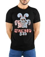 Cute Bunny Family Love You Dad T-Shirt for Father’s Day - model wearing black shirt, hands behind back